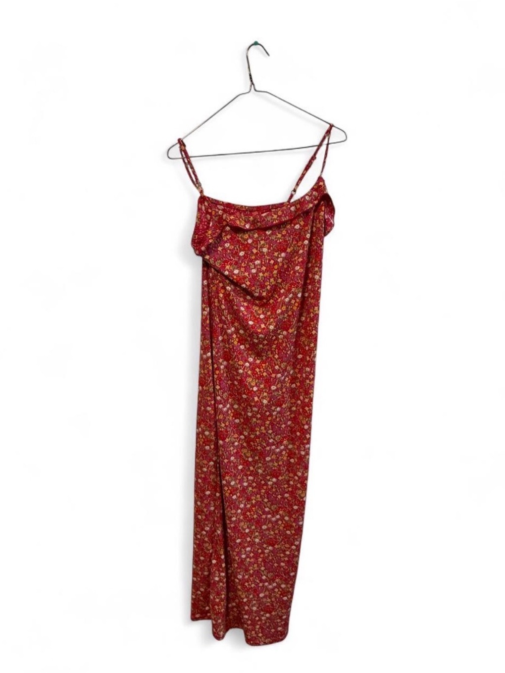 Sleeveless Red Floral Maxi Slip Dress with Cowl Neck